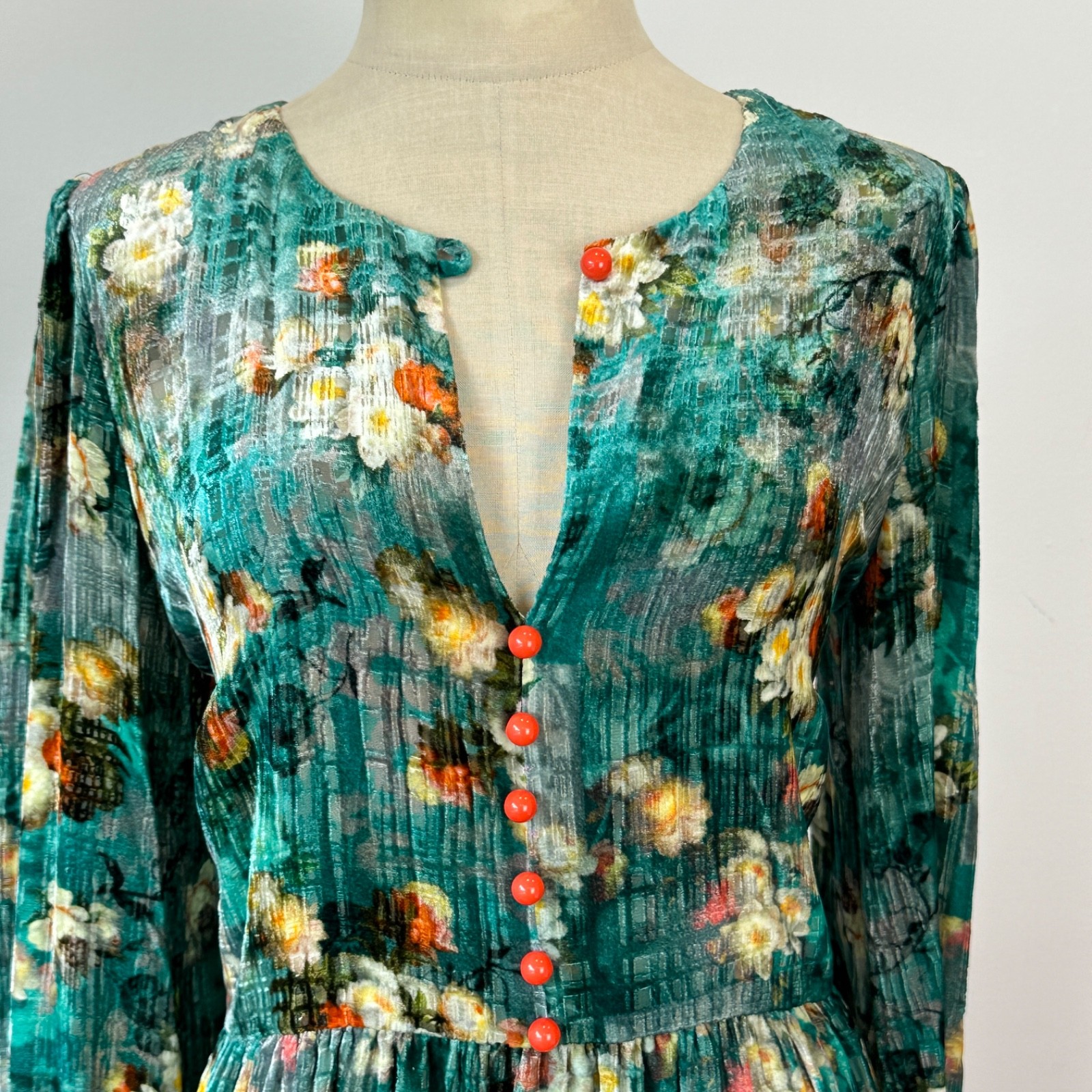 LEONA EDMISTON – SILK BLEND VELVET FLORAL MIDI DRESS – TEAL – SZ 3/ 14 AU/ 10 US