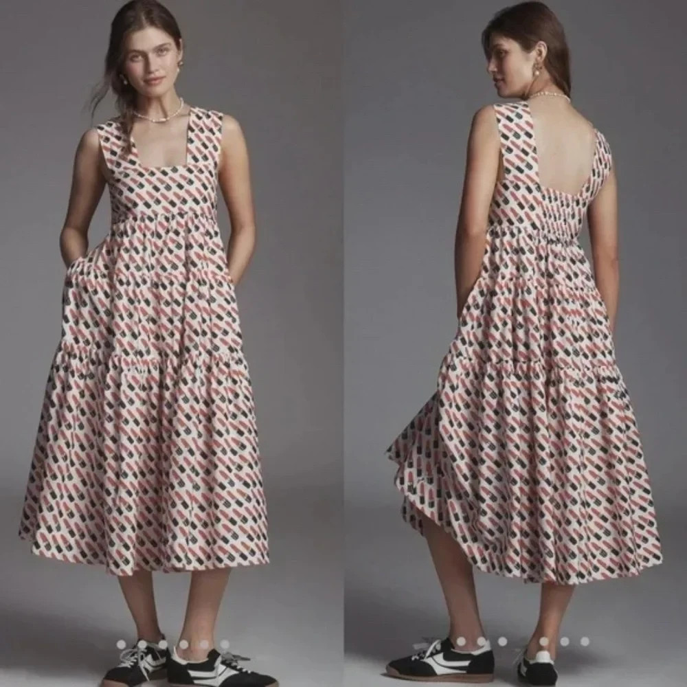 Anthropologie Square-Neck Tiered Babydoll Dress *LIPSTICK PRINT MIDI NWT XXS