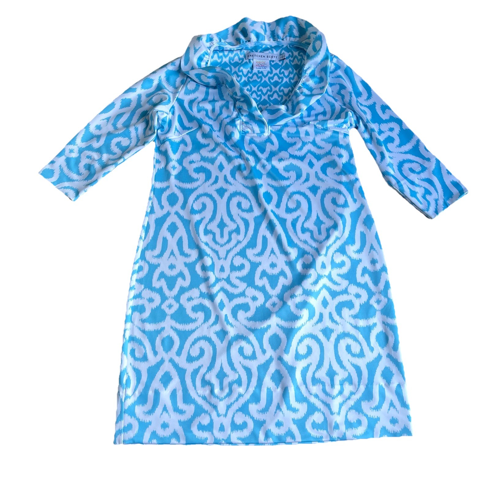 Gretchen Scott L Ruffle Neck Shift Dress Womens 3/4 Sleeve Short Blue White
