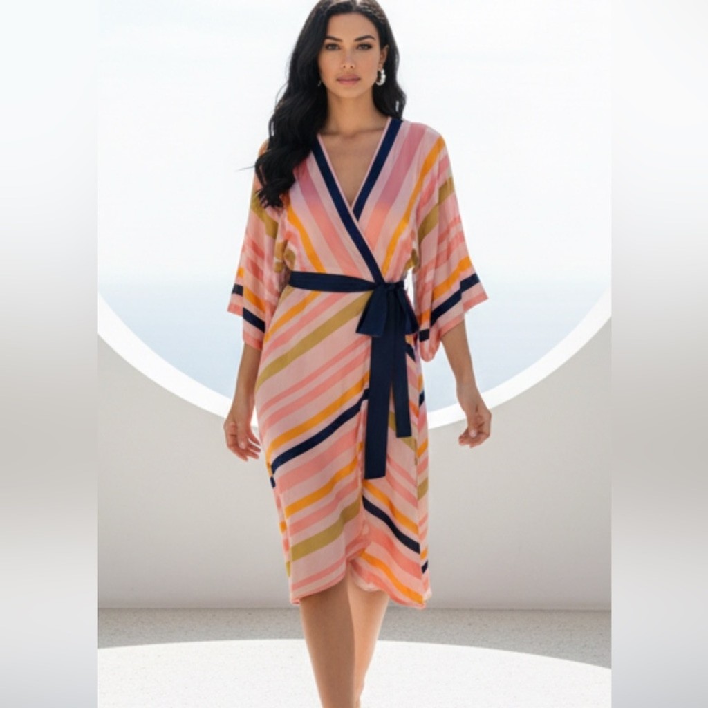 Trina Turk Peach Multicolor Striped Wrap Dress 16