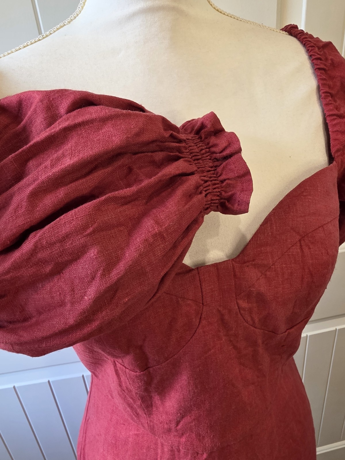 GAÂLA Paris Minsk 100% Linen Puff Sleeve Midi Dress Burgundy Size 36 EU Us 4