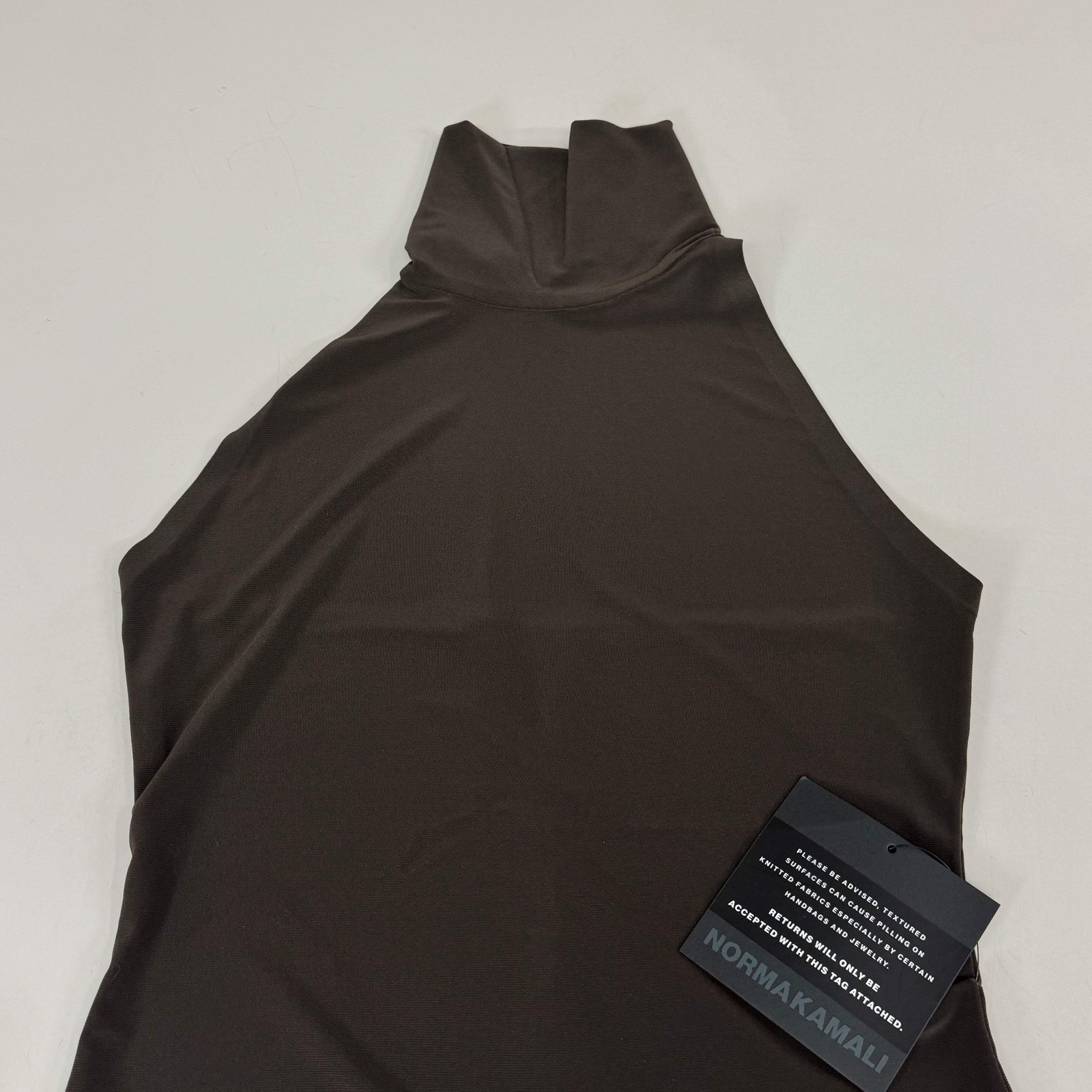NORMA KAMALI Halter Turtle Fishtail Gown 4-Way Stretch Womens Sz S/36 Chocolate