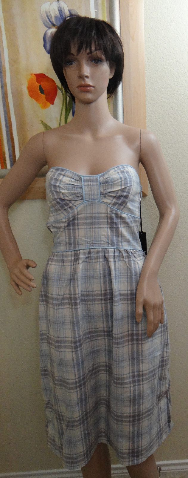 NWT genuine ZINC blue/ivory/pink/brown plaid strapless casual summer dress, M
