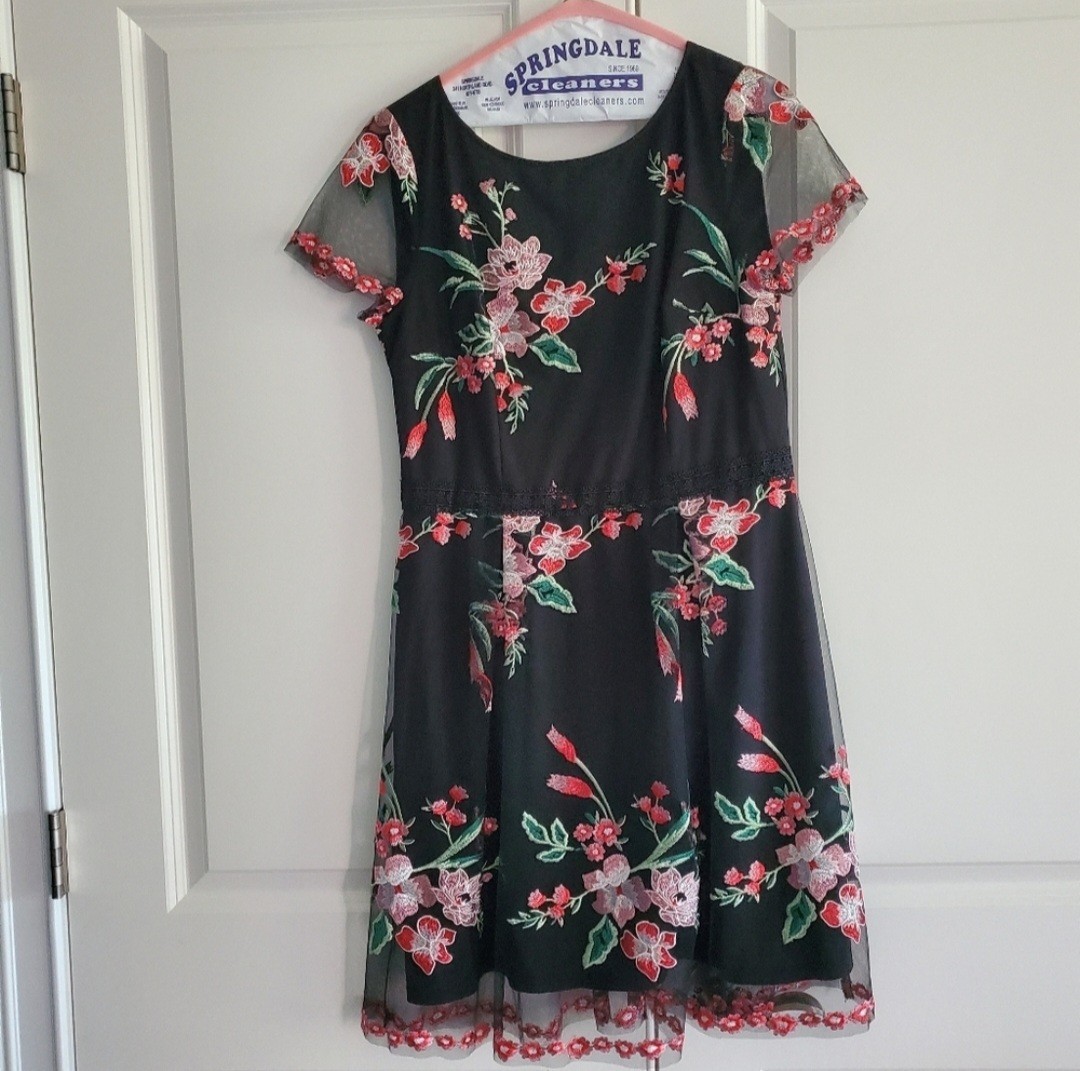 Adrianna Papell Cocktail Dress Black/Red/Pink/Green Embroider Floral Feminine 10