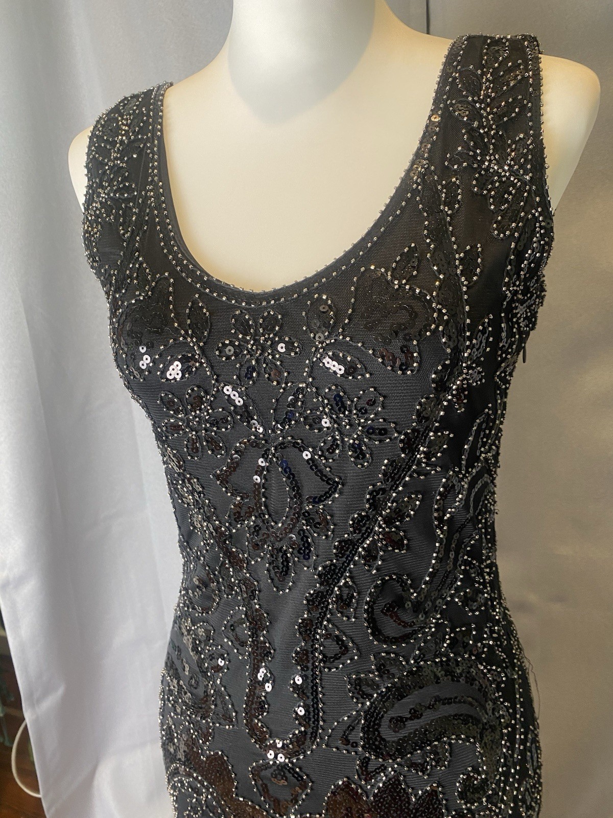 Fundaisy Gatsby Flapper Fringe Black Beaded Sequin Midi Dress, Size S, Glam