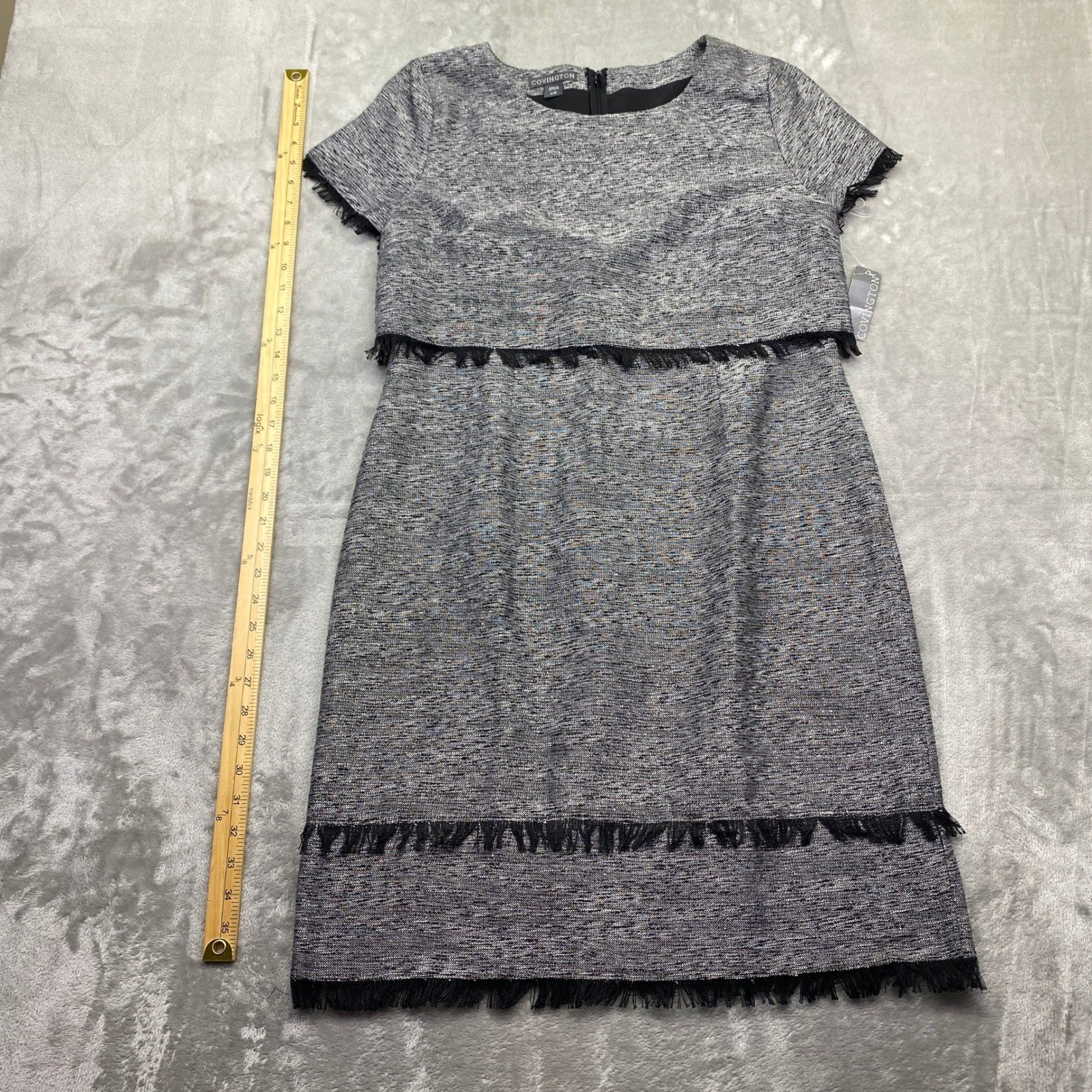 Covington Missy Cropped A Line Dress Silver Lurex Tweed Fringe Gray Large NWT