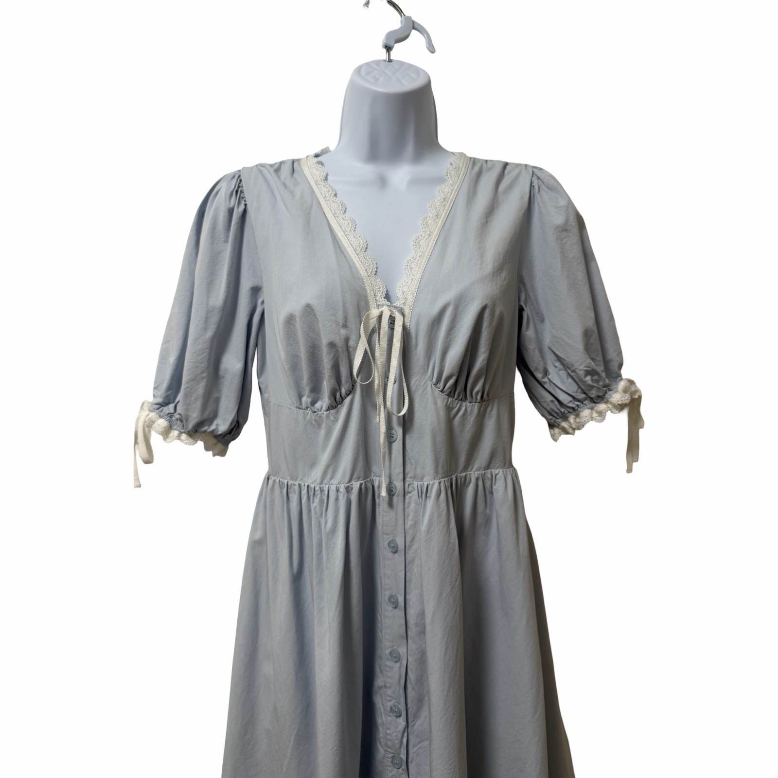 Bohme Romy Lace Trim Milkmaid Button Front Bow Midi Dress Size M Blue Cottage