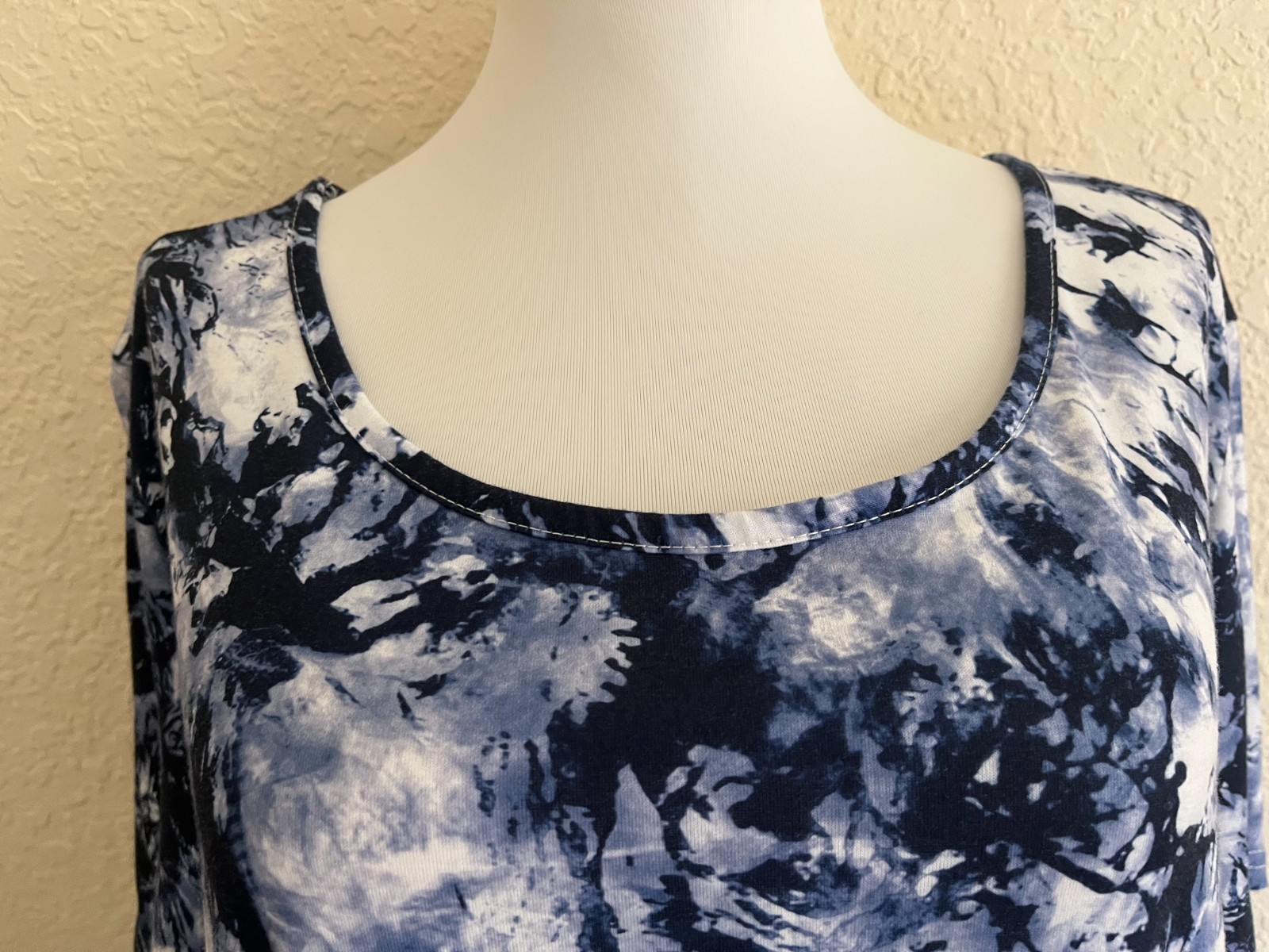 Blue & White 3XL Tie Dye Look Cotton Blend Knit Round Neck SS A-Line Dress Nice