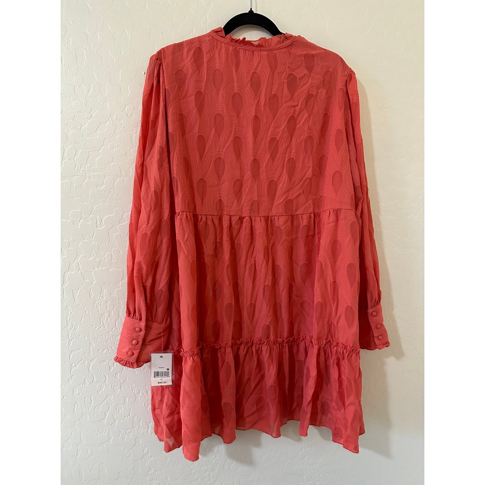 Ophelia Roe Coral Jacquard Tiered Mini Dress Long Sleeve 1X Boho Peasant Beach