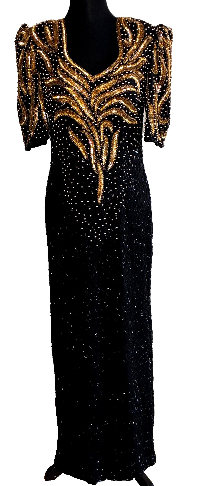 NWOT-Mark&John 100% Pure Silk Beaded Sequins Gown Slit Open Back (BlkGold)-Sz L