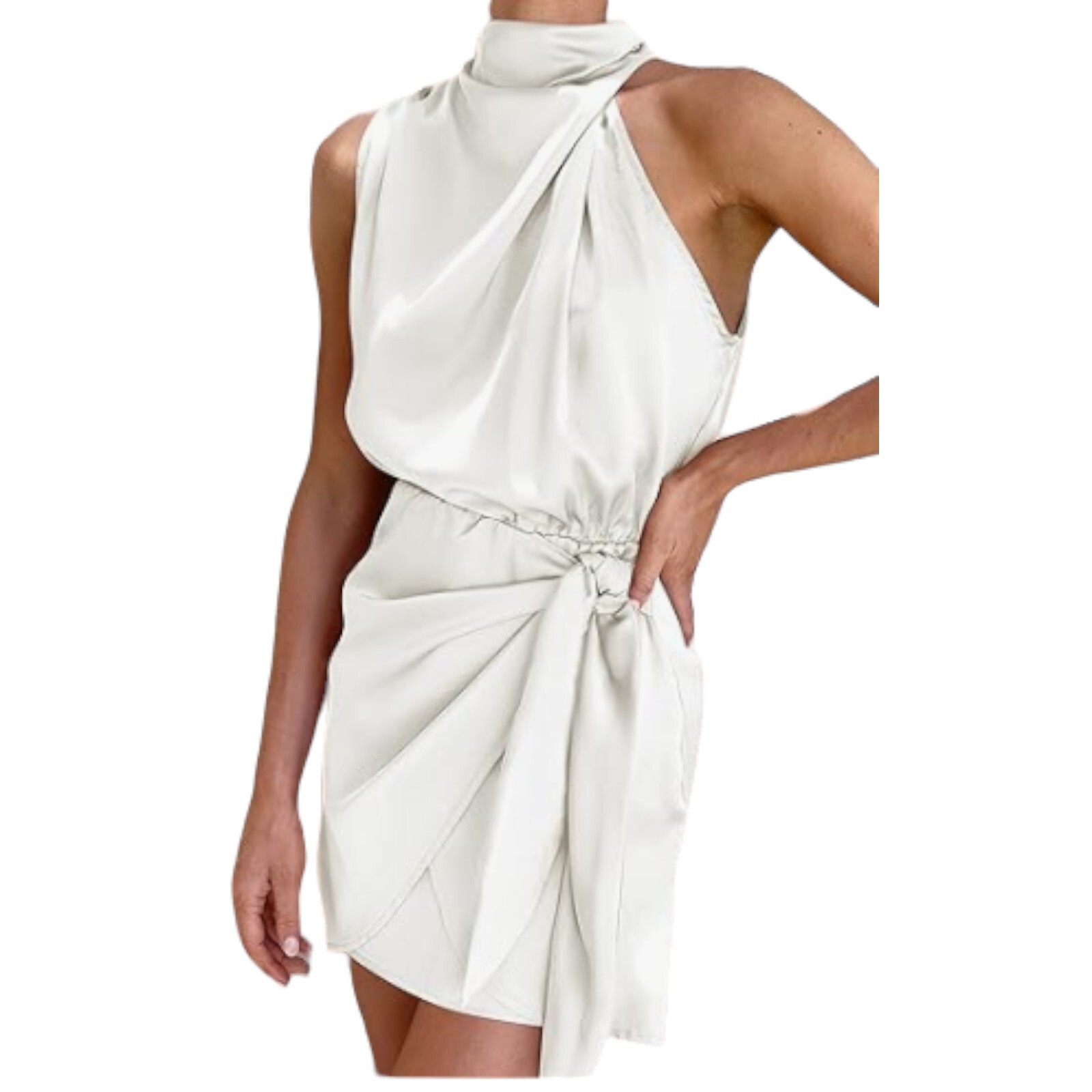Women’s Sleeveless High Neck Wrap Mini Dress – Elegant Drape with Keyhole Back
