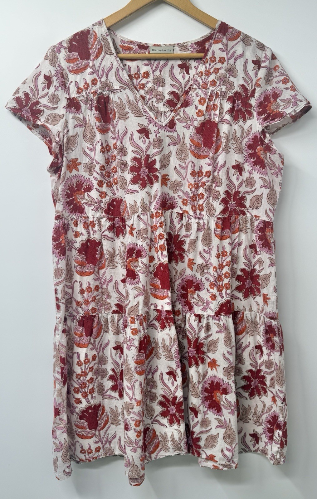Fitzroy & Willa Dress Pink Tiered LG Mini Short Sleeve Floral Cotton Babydoll