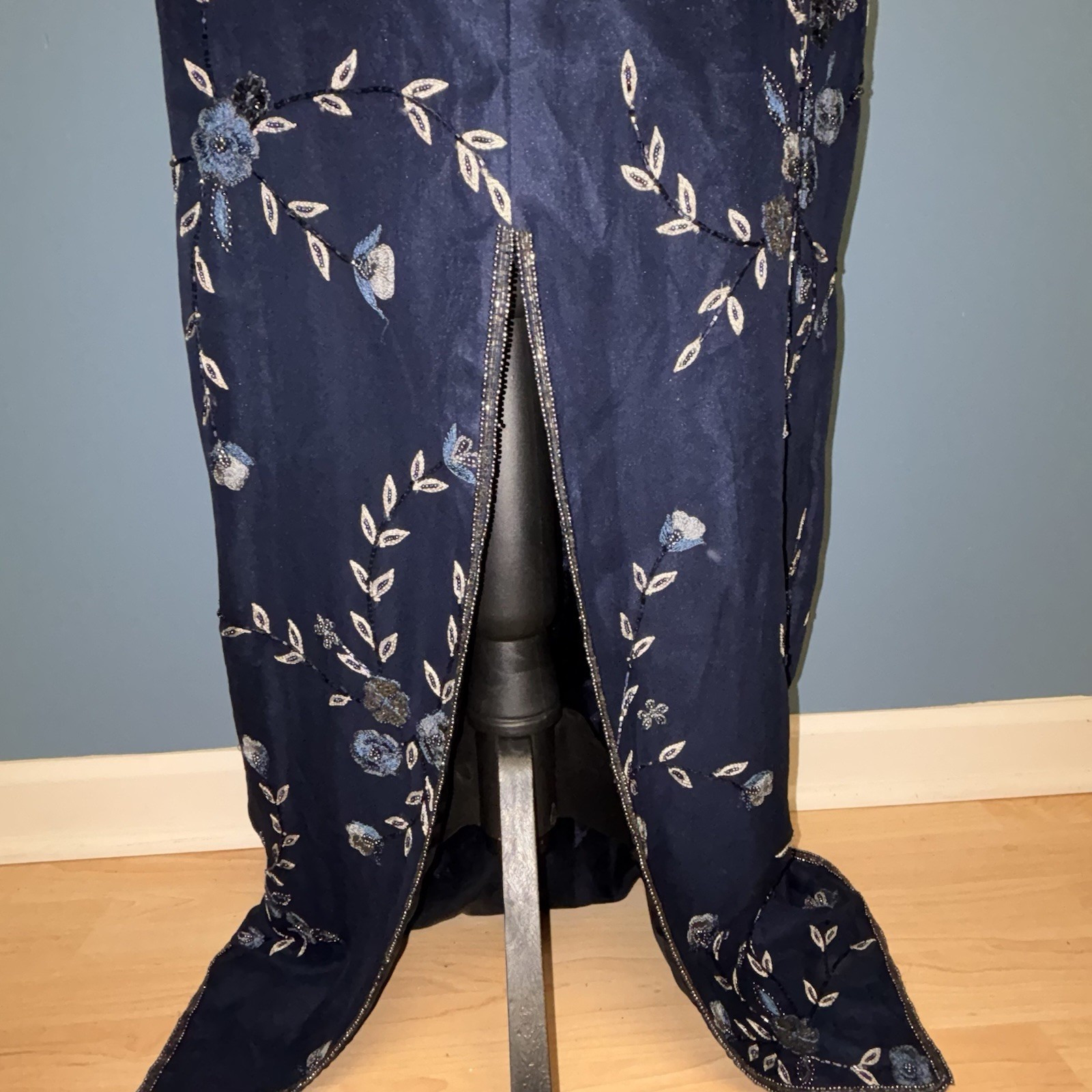 Rare Vintage SCALA Navy Size S Pure Silk Beaded Maxi Dress Gown Slit Elegant
