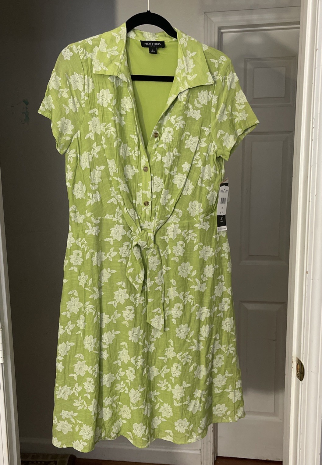NWT XL Perceptions Green Floral Button Dress Lime Retro Waist Twist Tie Pockets
