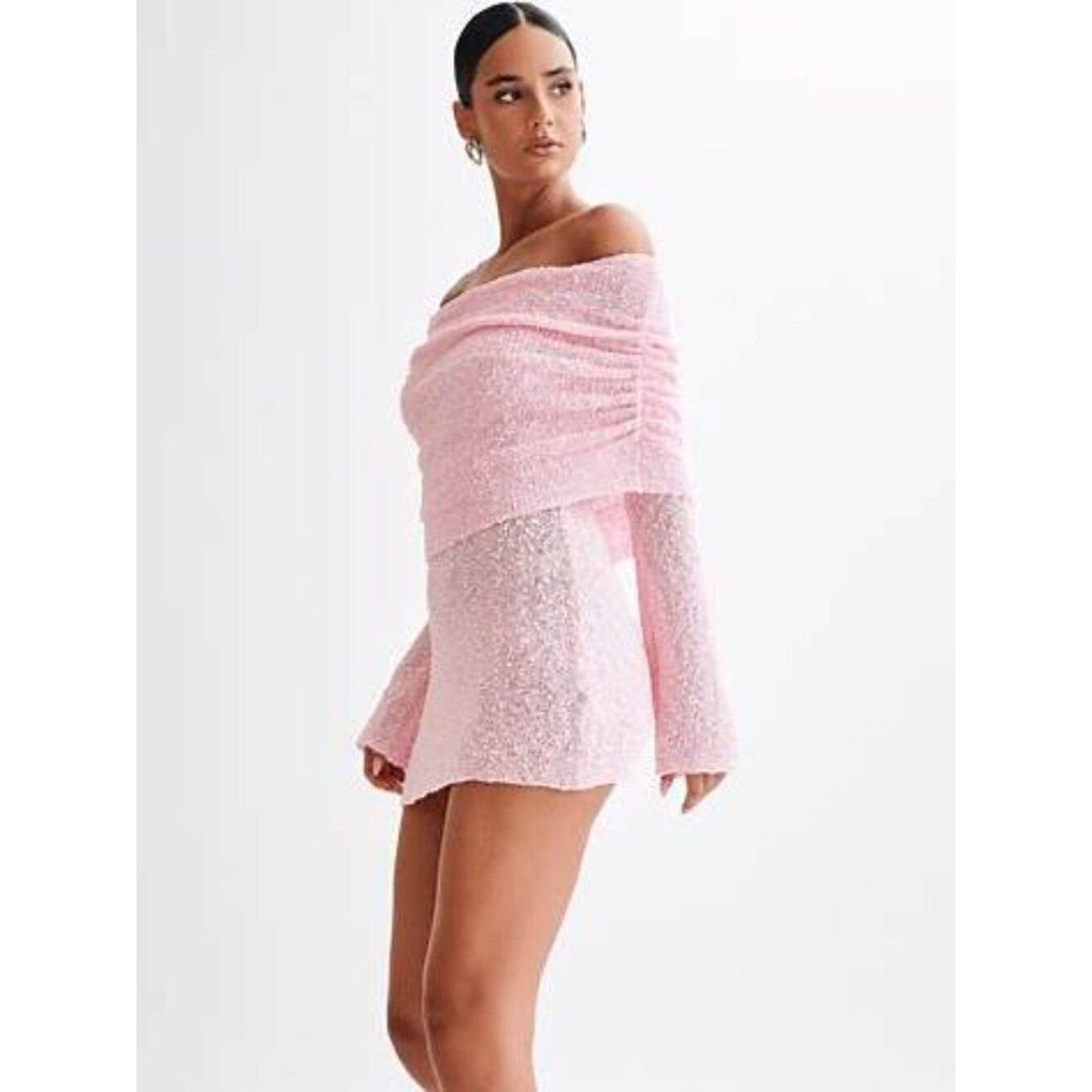 MESHKI Marisol Baby Pink Off Shoulder Boucle Mini Dress XL NWT