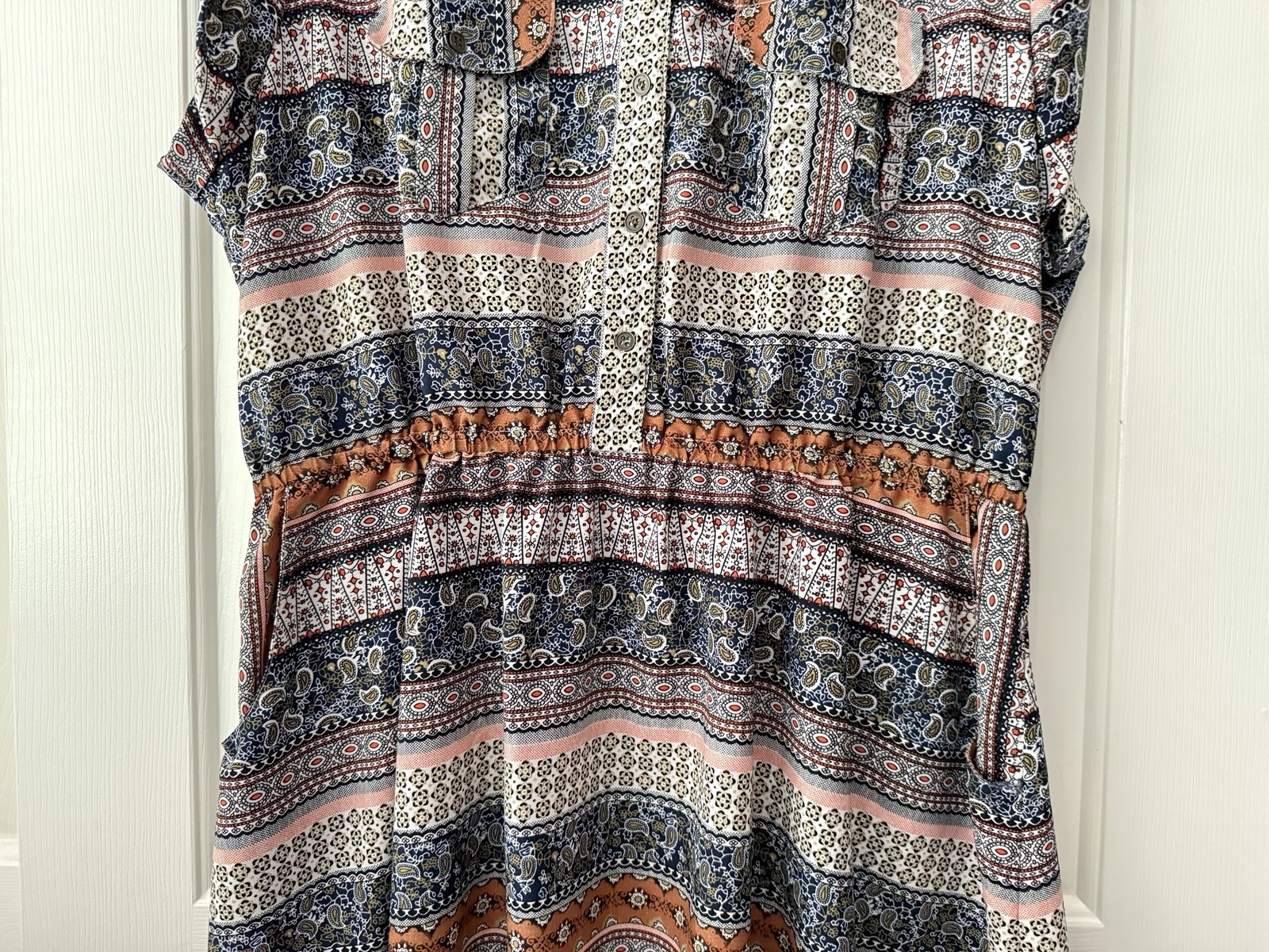 speed control 3X boho paisley stripe multi short sleeve cinch waist button dress