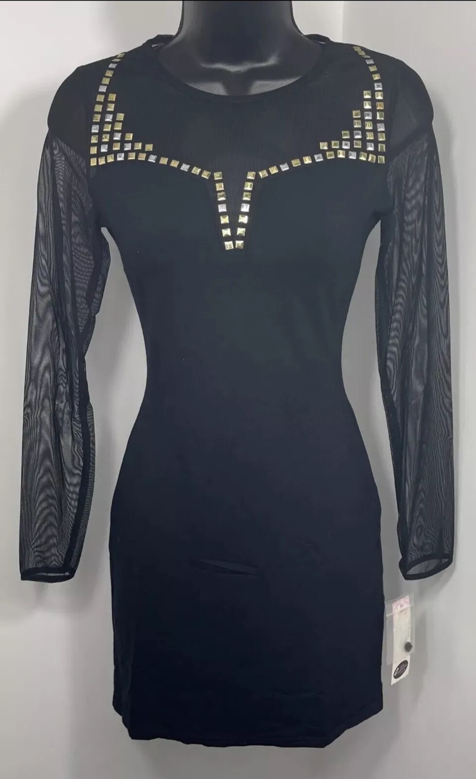 Rare London Women Mini Dress Black UK6,8 Long Mesh Sleeves Mesh Beaded Front