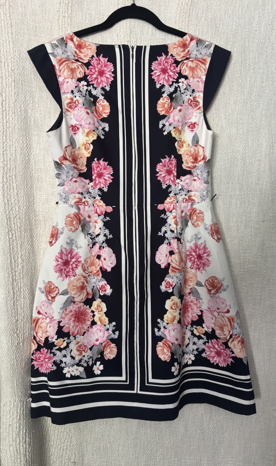 Oasis navy blue white pink floral v neck cap sleeve knee length dress 10