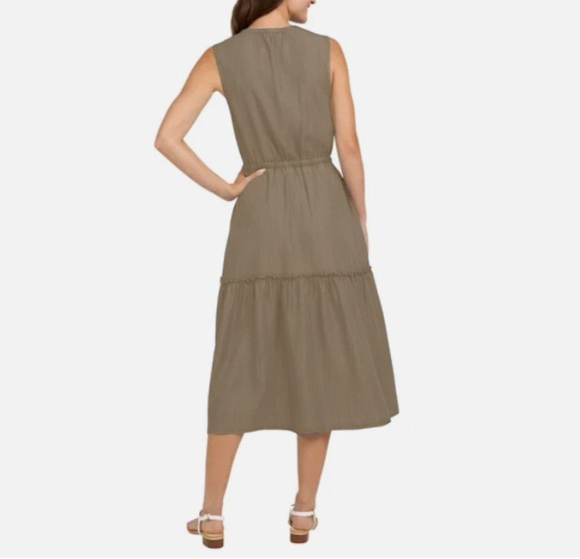 NWT Lands’ End Women’s Small Rayon Midi Dress Tiered Elastic Waist Tan V-Neck