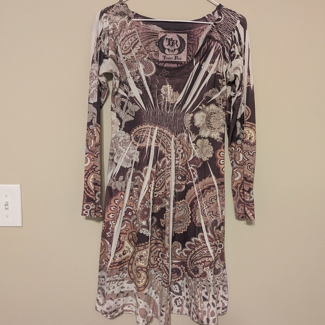 Vintage Y2K Treasure Rock Paisley Leopard Print Tunic Mini Dress