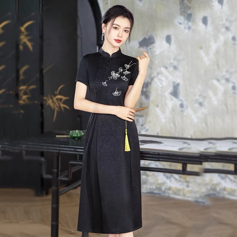 A16 Qipao Dress, Black Elegant New Chinese Style, 2026 New Summer Single-Layer
