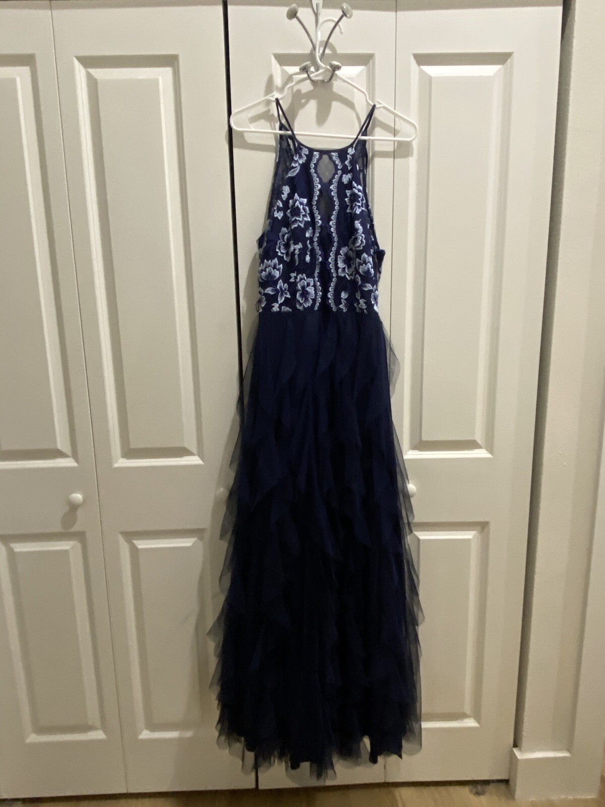 Junior’s teezeme blue ruffeled white blue floral lace long formal