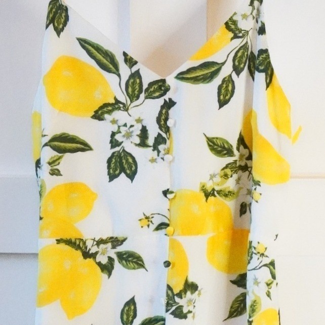 NWT, Lulus, Afternoon Air Yellow Lemon Print High-Low Ruffle Midi Dress Size M