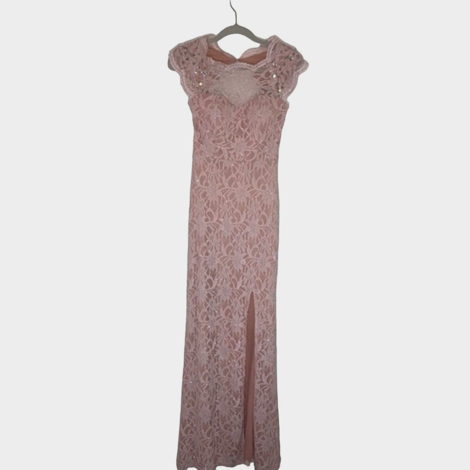 Pink lace gown with sequin cuff sleeve. Size 3