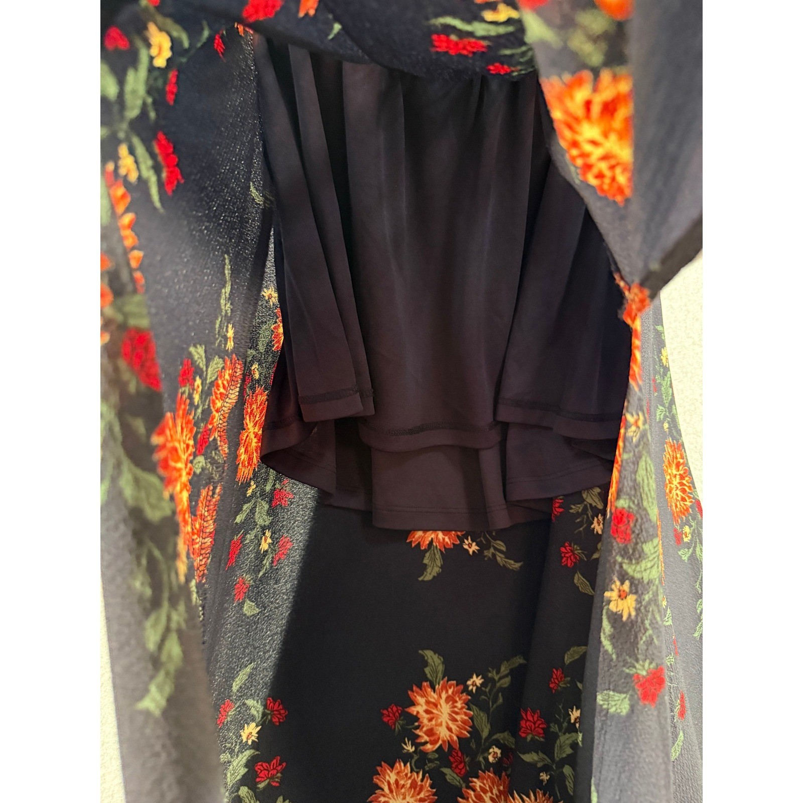 Boho Floral Midi Dress S Navy Orange Peasant Puff Bishop Sleeve Smocked Maxi