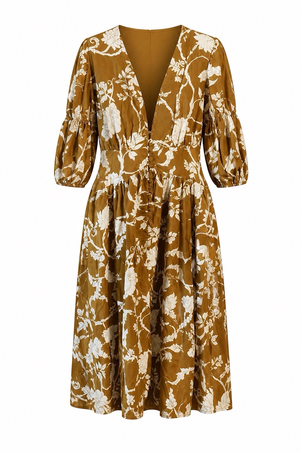 Brown Floral L Dress Cotton Puffed Sleeve V Neck summer cottagecore romantic
