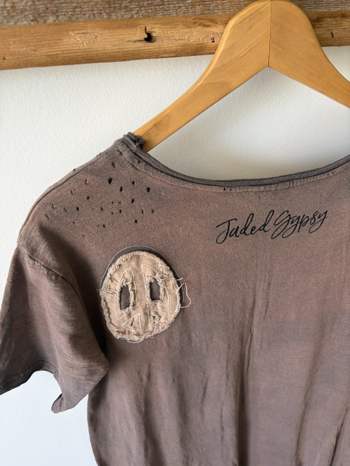 Jaded Gypsy Long Maxi Peace Tee Dress Womens OS Washed Tan Short Sleeve Tattered