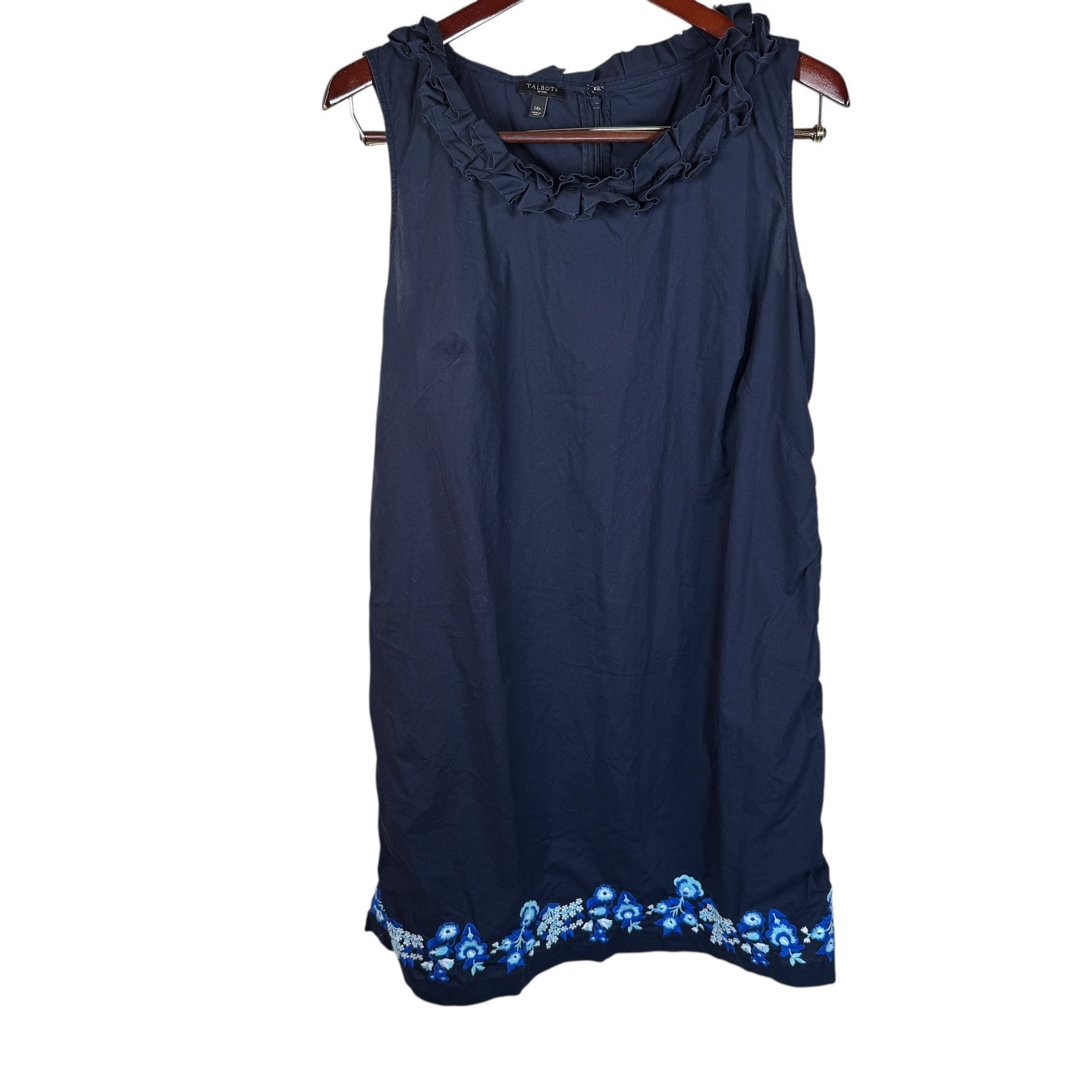 Talbots Embroidered Pleat Neck Shift Dress Size 14P Petites Navy Preppy Classic