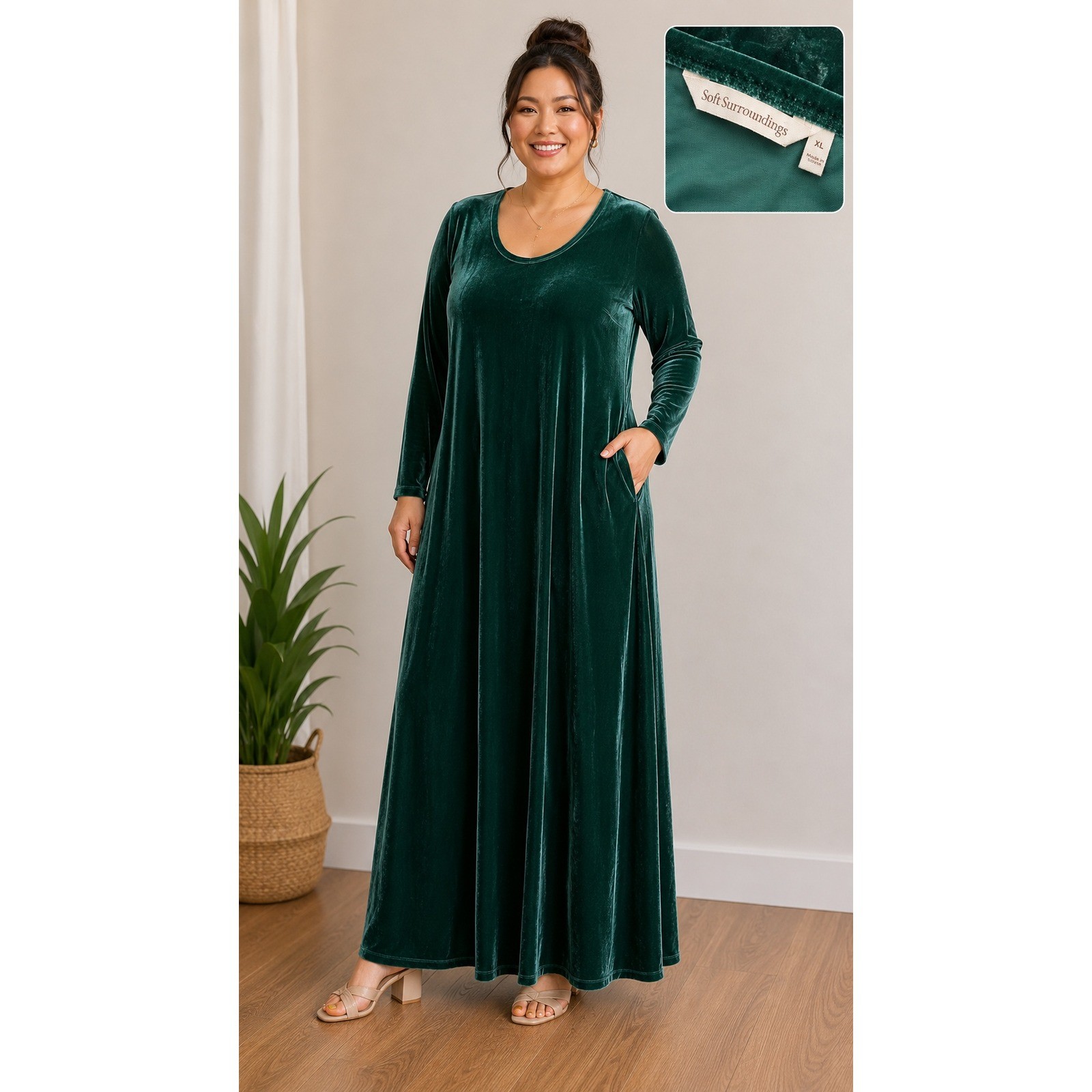 Soft Surroundings Santiago Stretch Velvet Dress Jewel Green XL 2EZ47 New