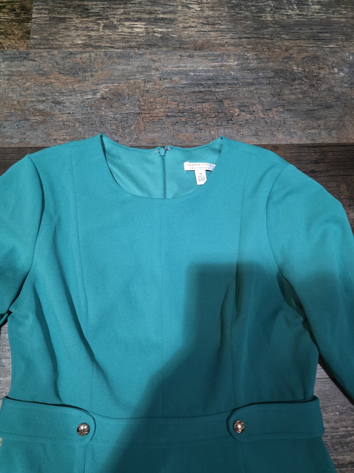 London Style Collection Teal Solid A-Line Midi Dress Scoop Neck 3/4 Sleeve 10
