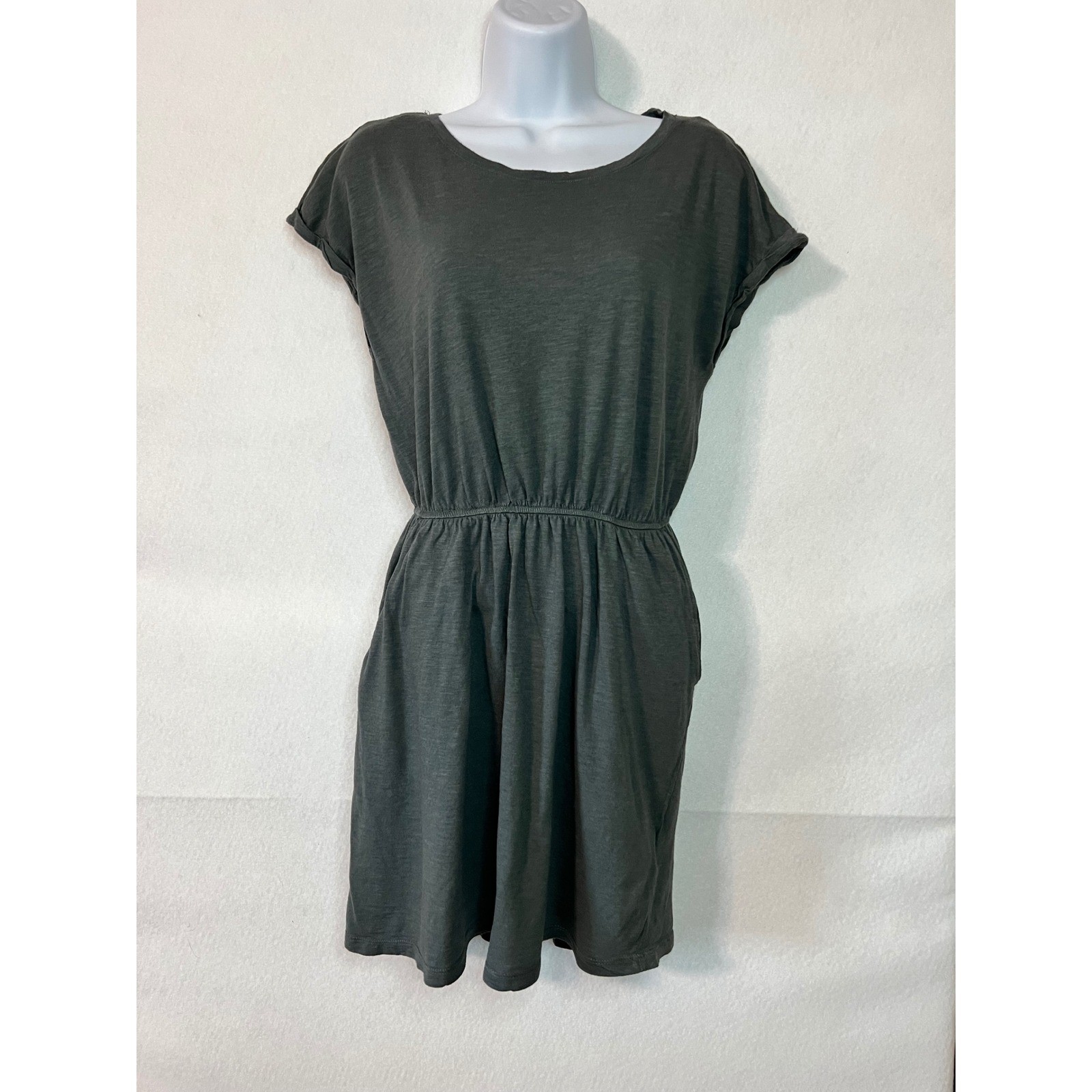 HM Basic Olive Green Elastic Waist Boho Cottage Jersey Dress with Pockets Sz S
