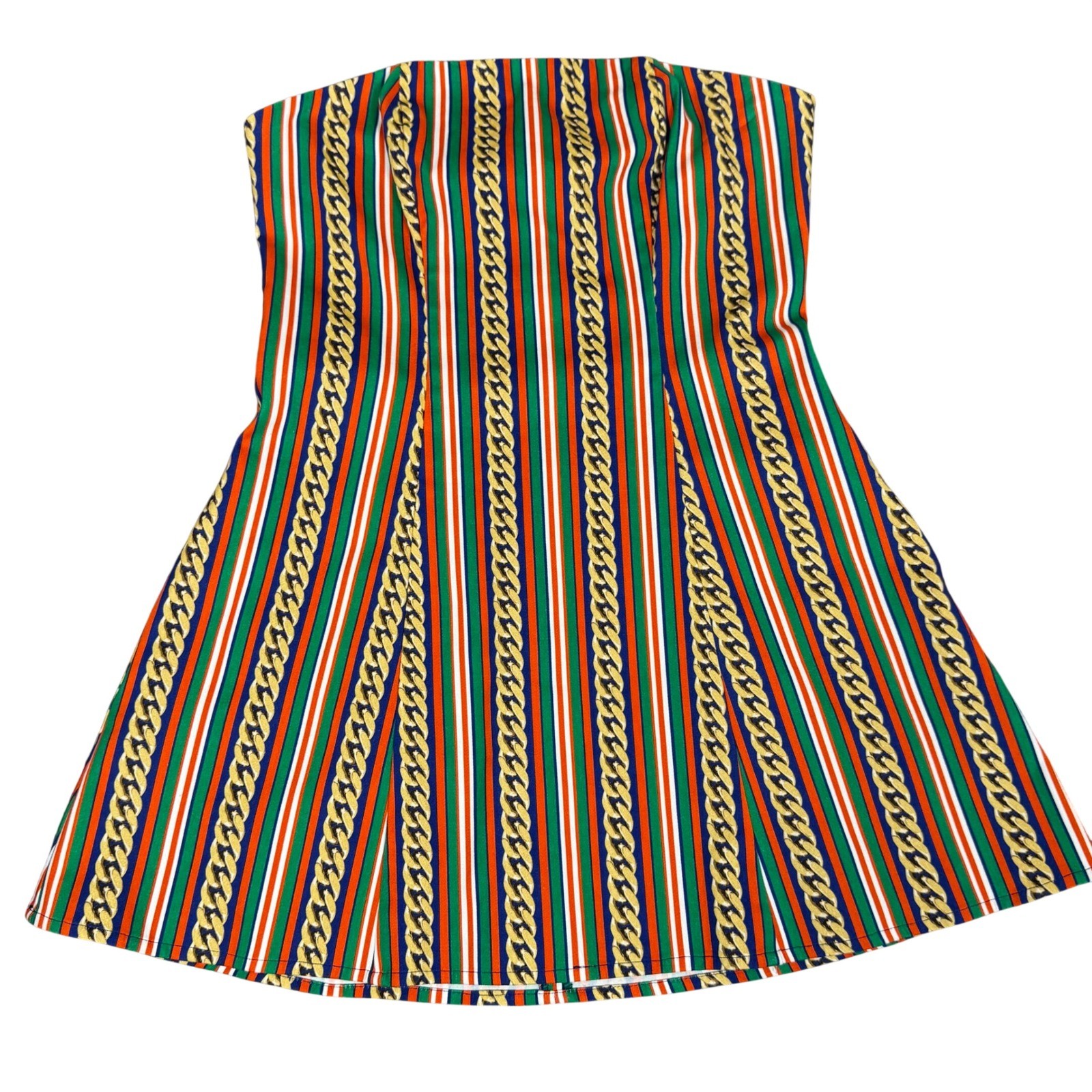 Unbranded Strapless Chain Print Mini Dress Green Orange Stripe A-Line Women