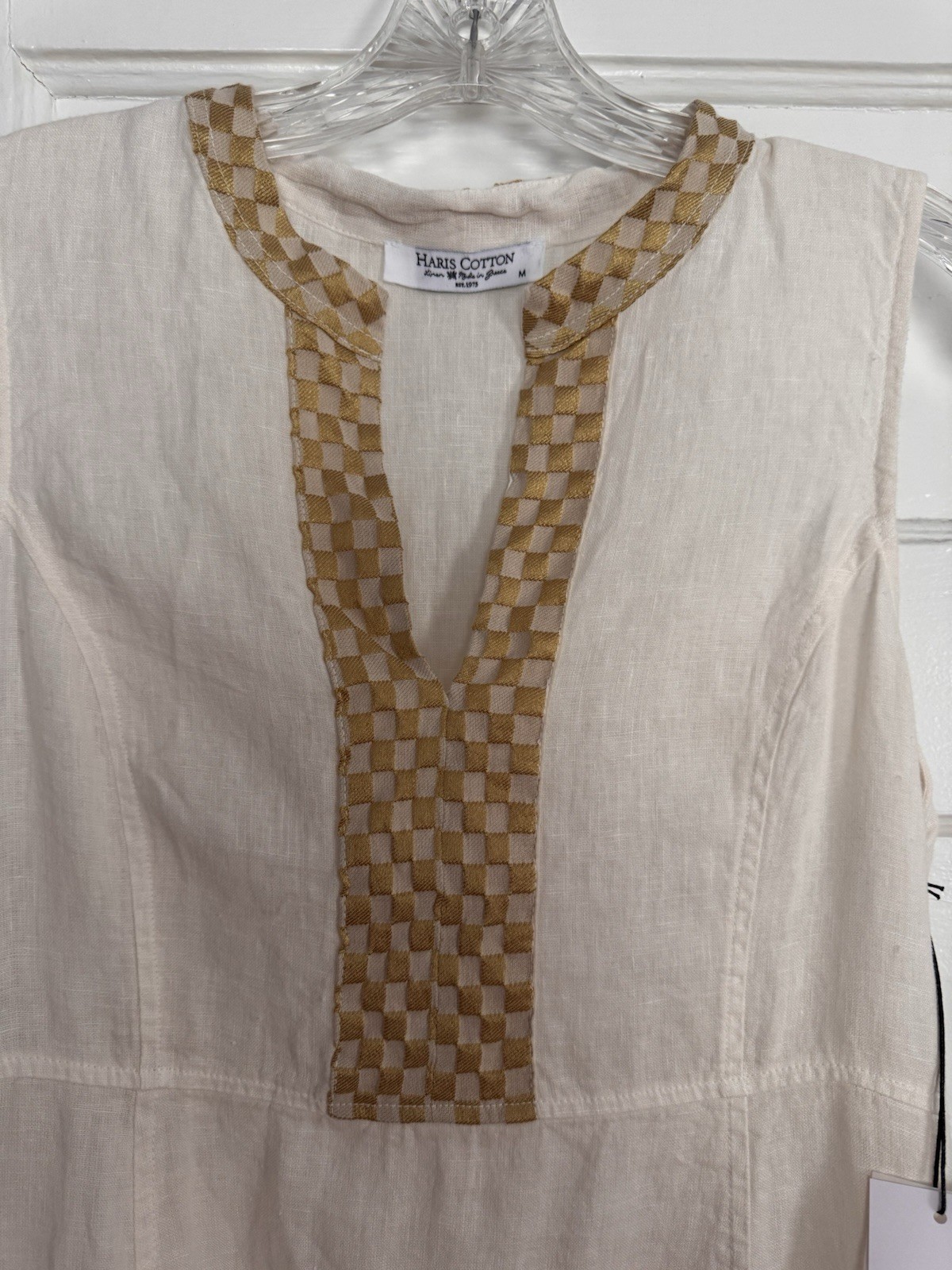 Haris Cotton 100% Linen Tiered Maxi Sleeveless Dress Medium Gold Embroidered New