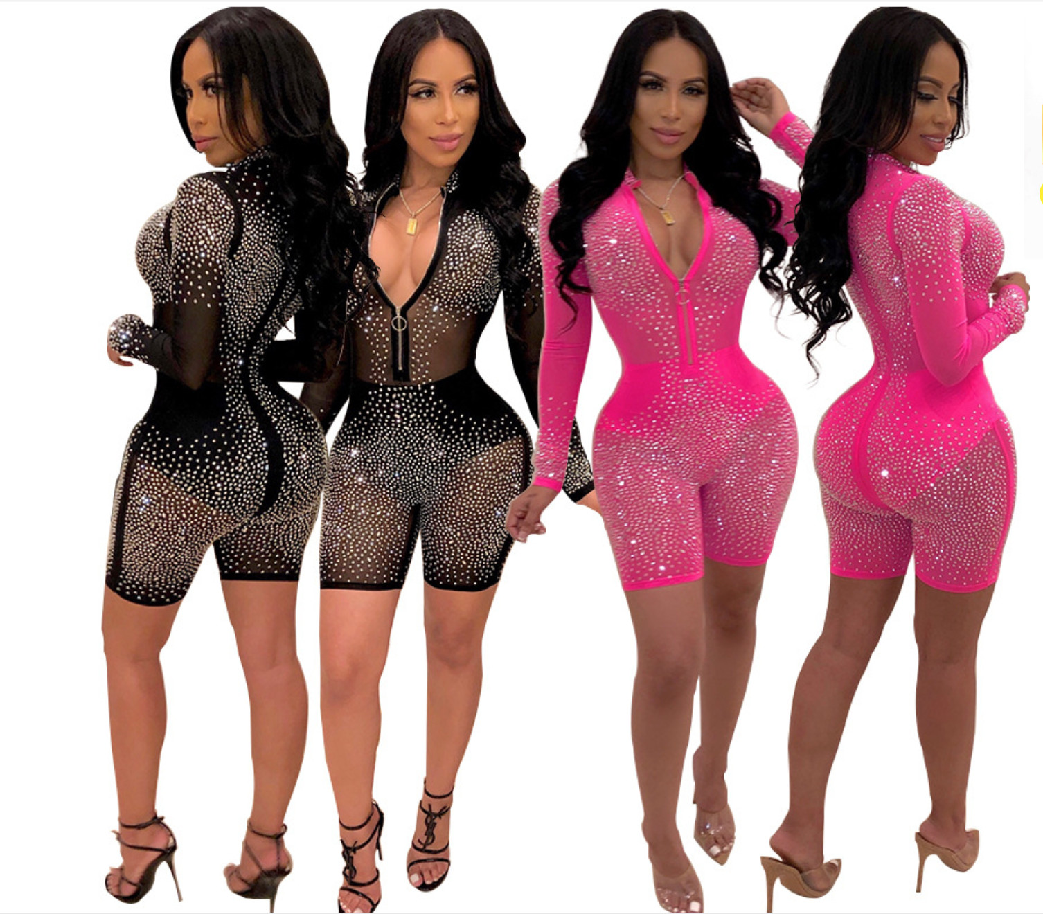 Hot drilling mesh sexy long sleeve party club Jumpsuit Romper