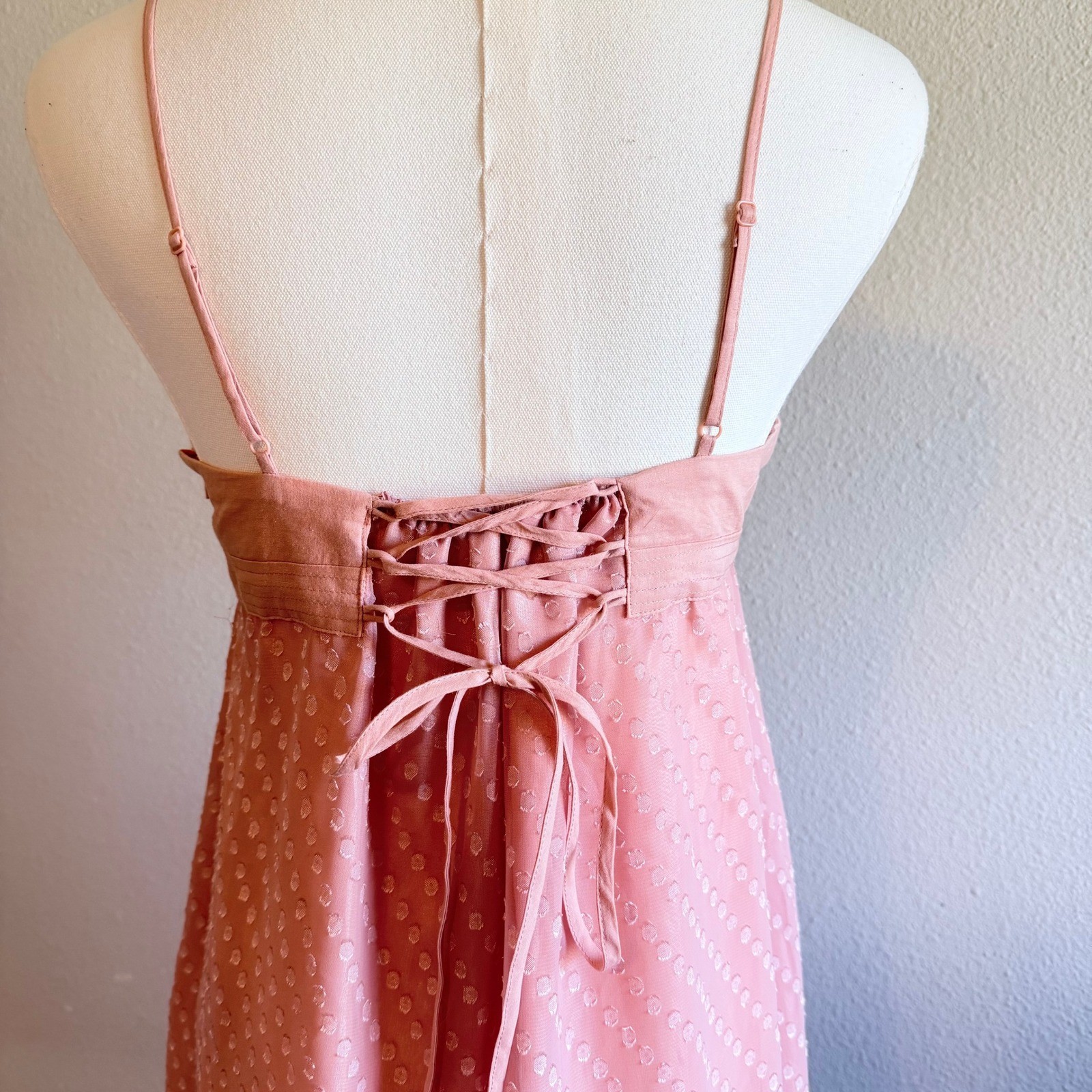 Romantic Balletcore Pink Swiss Dot Empire Waist Dress Lace Up Back Summer Y2K S