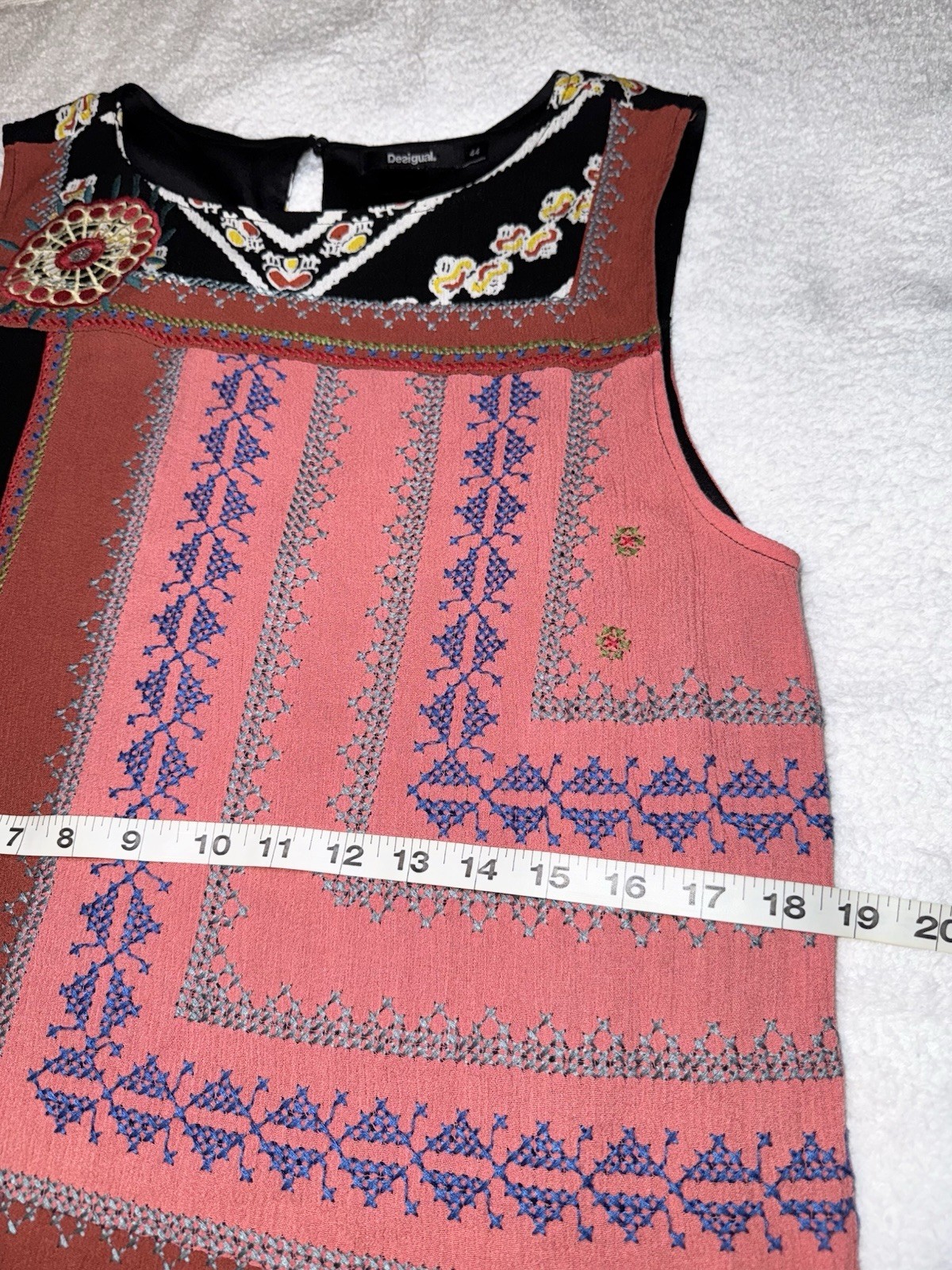 Desigual $189 Embroidered Patchwork Mixed Patterns Boho Shift Dress SIZE 44 XL