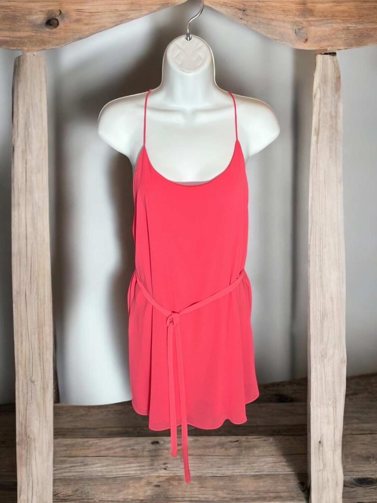 Naked Zebra Womens Coral Pink Spaghetti Strap Mini Dress With Waist Tie Belt 100