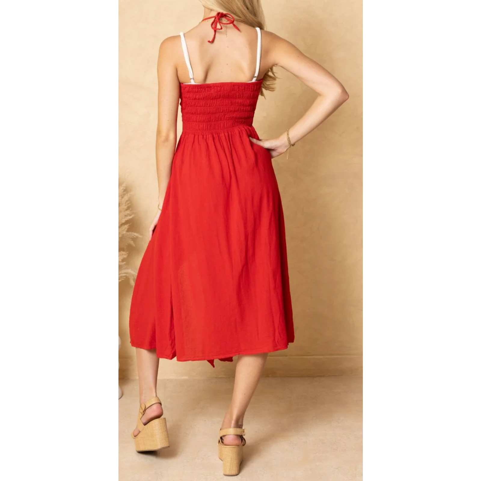 Seaspice red Peruvian cotton crocheted lace panel slit halter dress Size M Boho