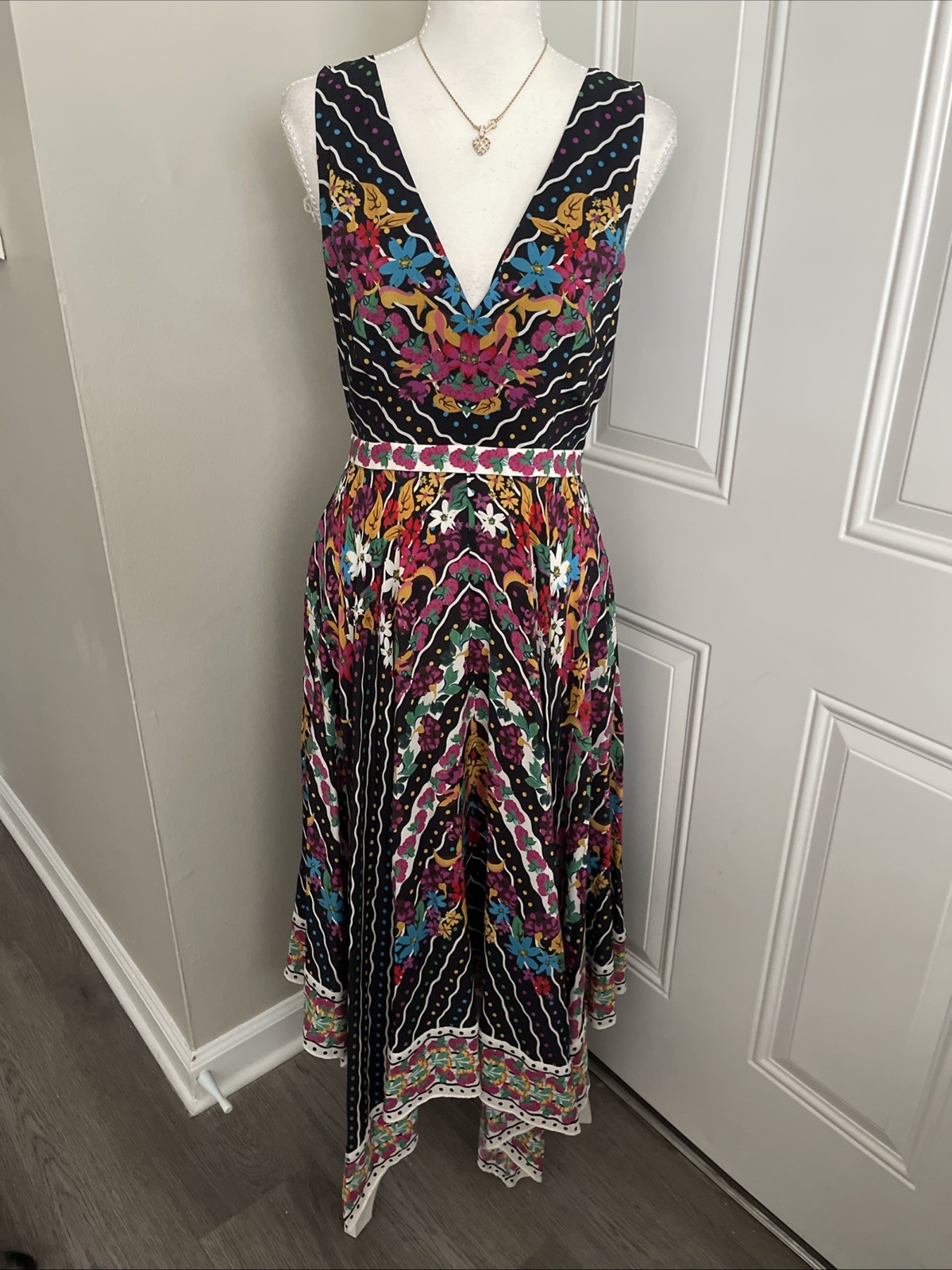 Saloni Zuri Floral Handkerchief Hem Midi Dress Sleeveless Black Multicolor US 6