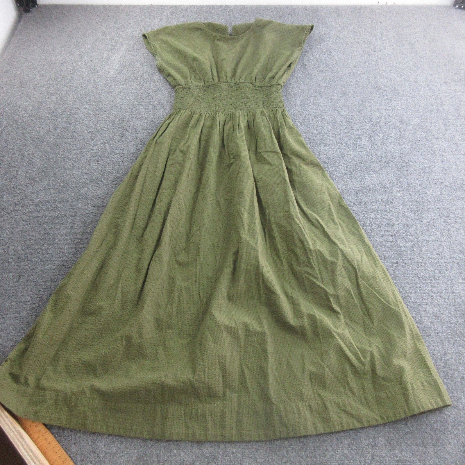 Madewell Dress Womens S Green Cotton Blend Maxi Smocked Waist Pockets Cap Sleeve