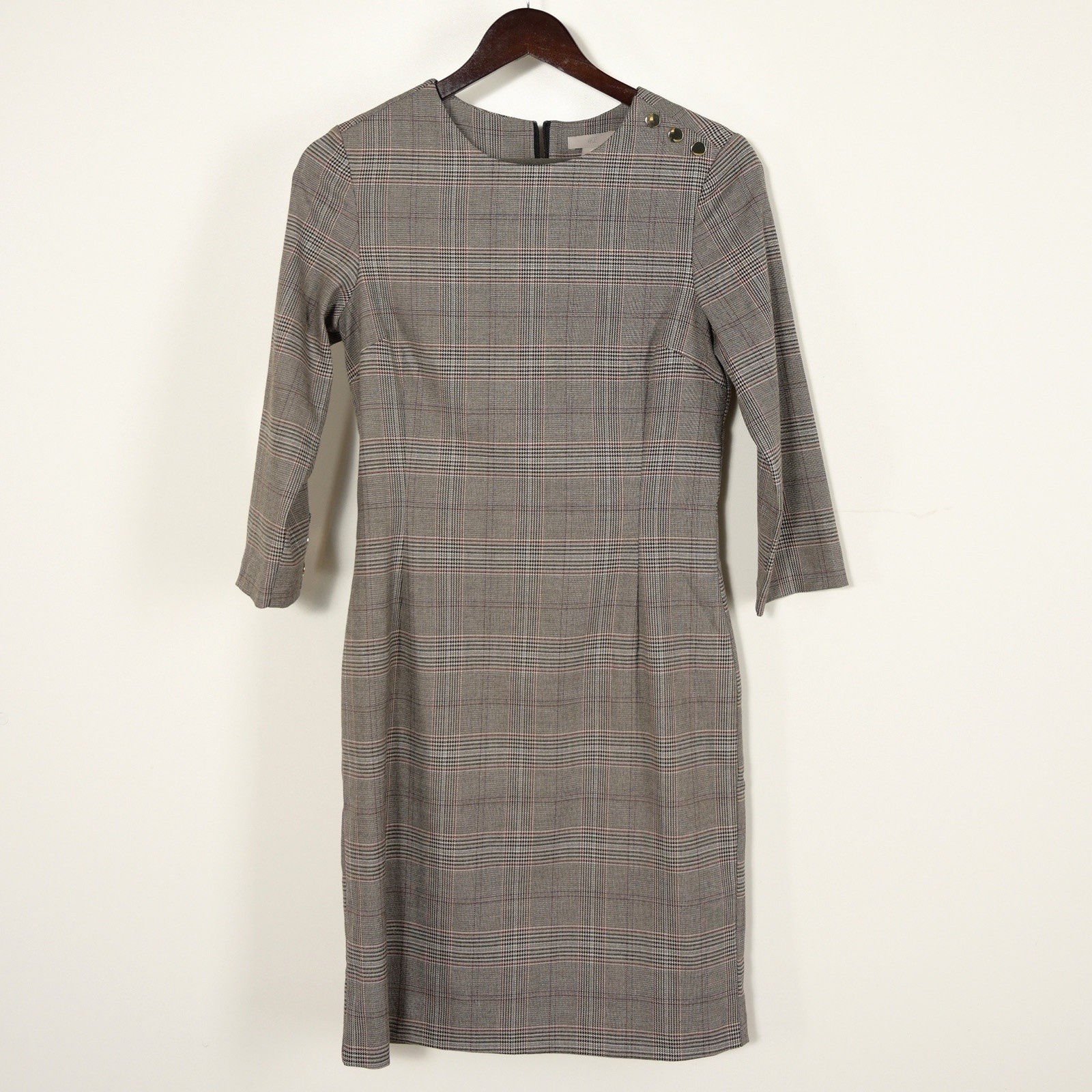 H&M Women 6 Brown/Gray Plaid Knee Length Long Sleeve Zip Up Dress W/Gold Buttons