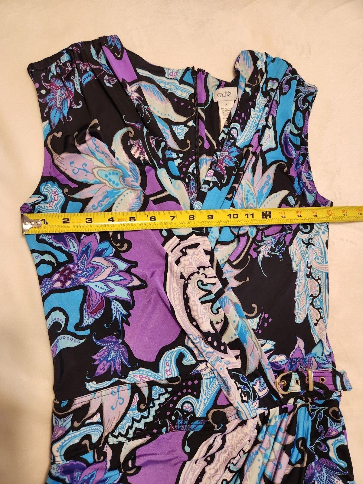 Cach’e Dress Sz-2 Blue Purple Paisley Floral w/Gold Accents Sexy Wrap Hip Buckle