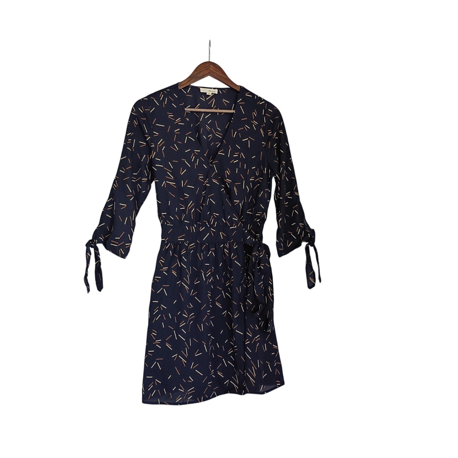 Memuse Whimsical Navy Blue Abstract Print Wrap Mini Dress Short Sleeve S/M NWOT
