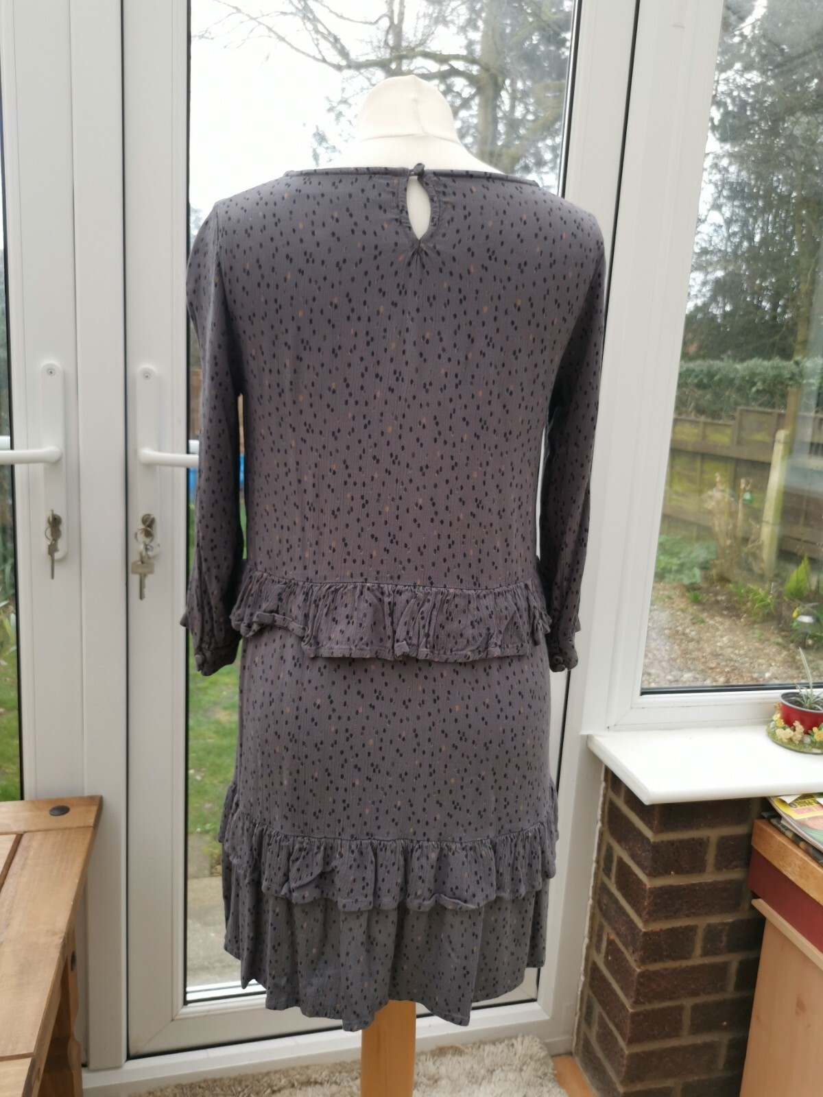 FatFace Copper And Black Grey Spot Ruffle Smock Dress Size 10