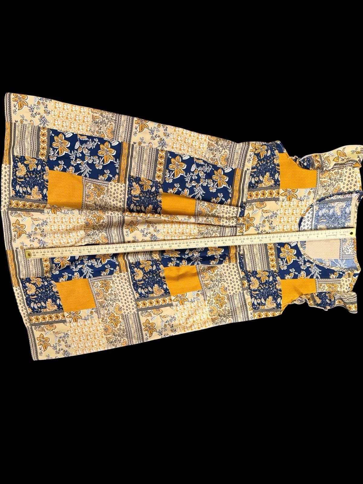 Emery Rose Women’s Large Patchwork Floral Dress Yellow Navy Ruffle Cap Sleeve