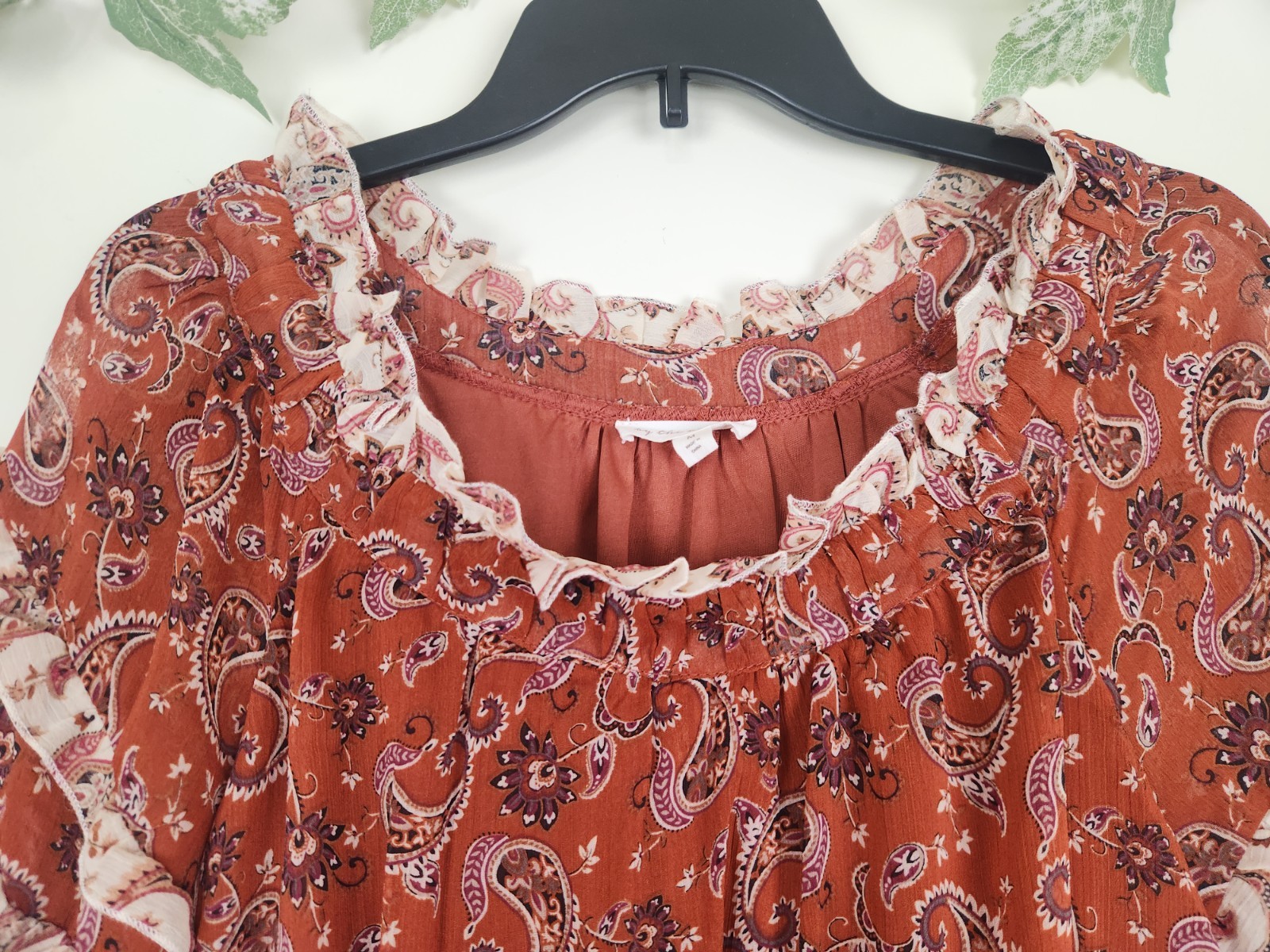 By The River Size M Rust Brown Paisley Floral Elastic Waist Boho Ruffle Dress